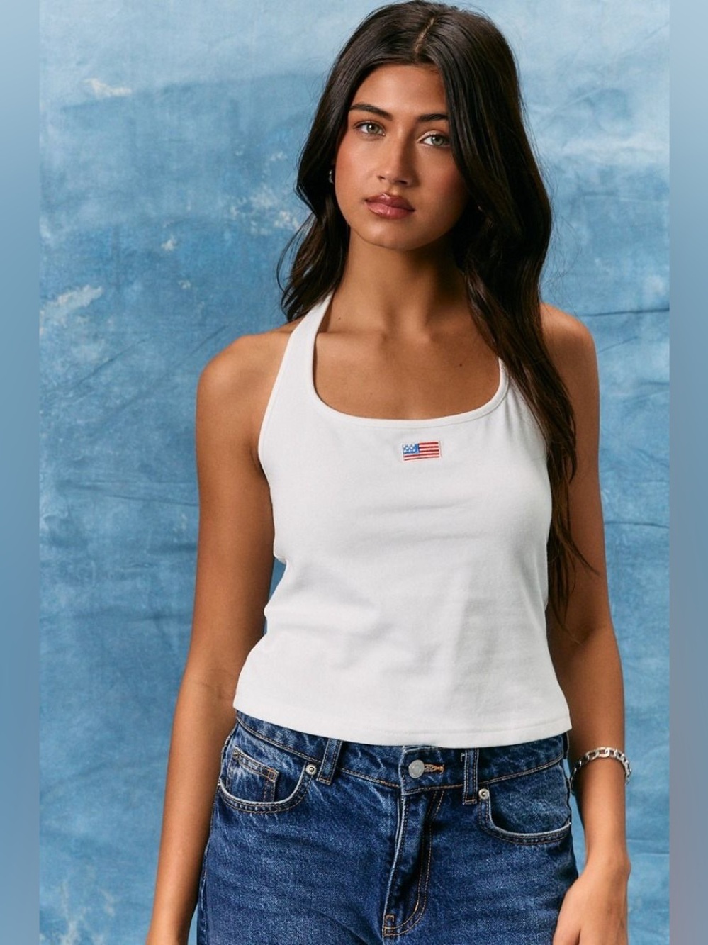 Embroidered American Flag Patch Halter Neck Top - Le Lis